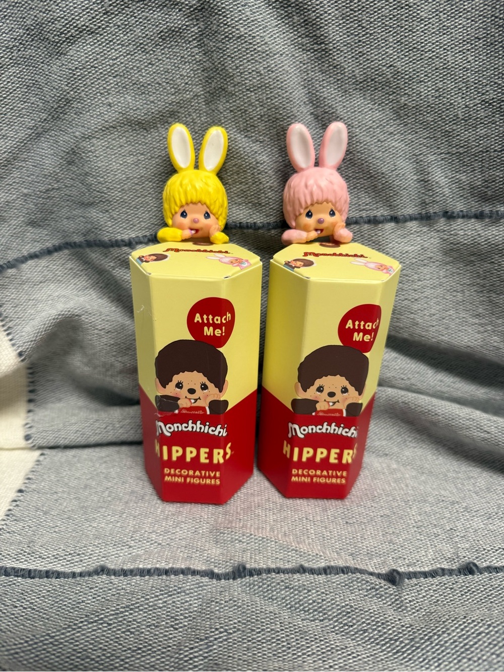Monchhichi Hippers Mini Figures - Yellow & Pink Bunny Tops - Collectibles